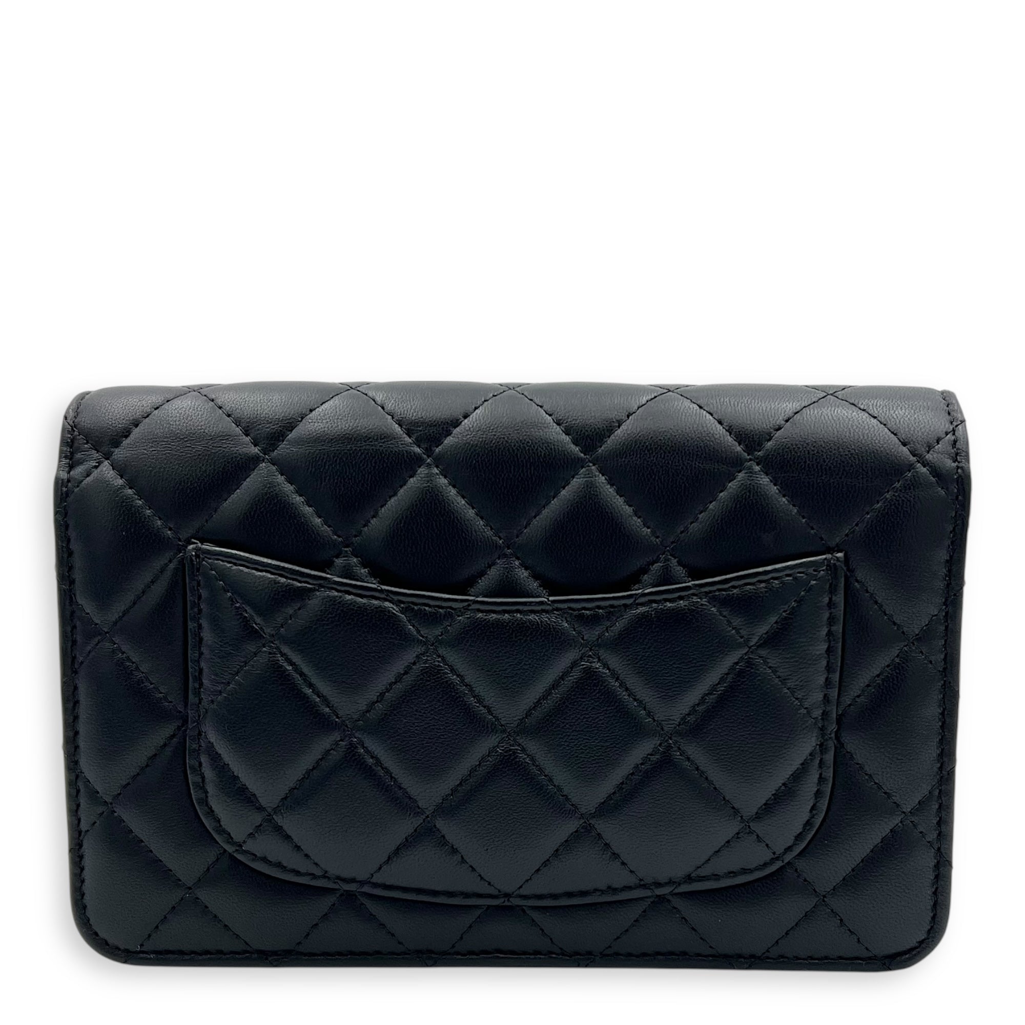 Chanel CC Pearl Crush Checkered Black Wallet On Chain in Lambskin, Light Gold hardware_2