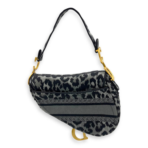 Dior Saddle Grey Shoulder Bag in Jacquard, Gold hardware_2
