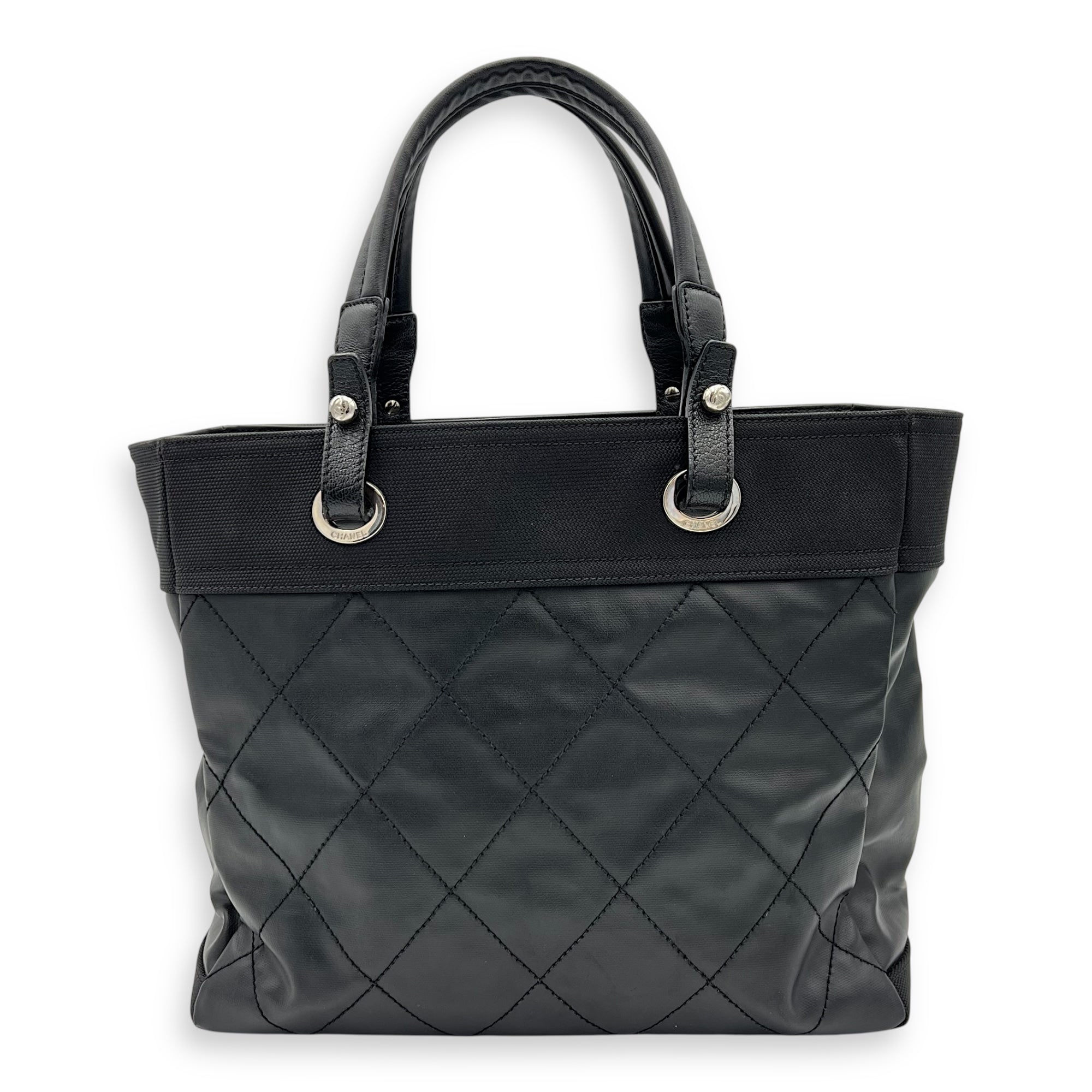 Chanel Paris Biarritz Tote Bag Black in Coated Canvas, Silver hardware_2