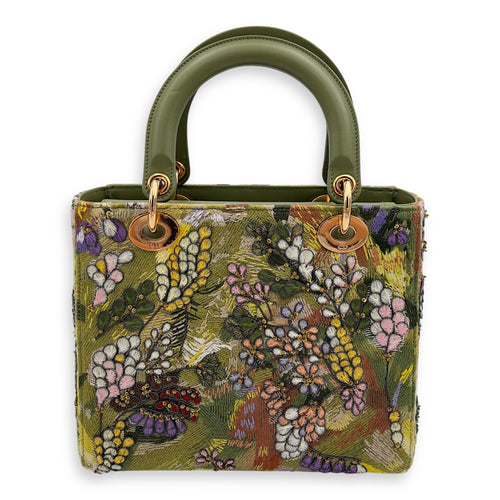 Dior Lady Dior Medium Green Top Handle Bag in Embroidered, Rose Gold hardware_2