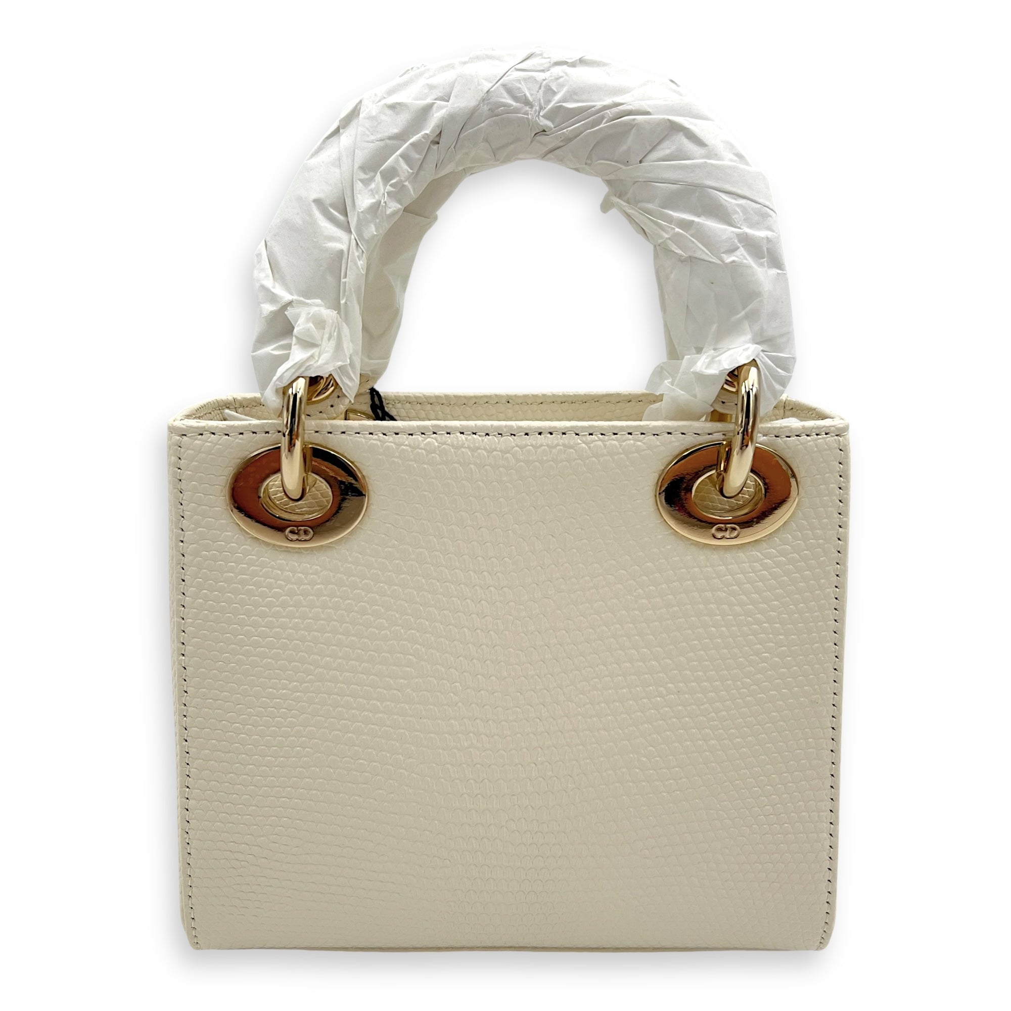 Dior Lady Dior Top Handle Bag Mini White in Lizard, Gold hardware_2