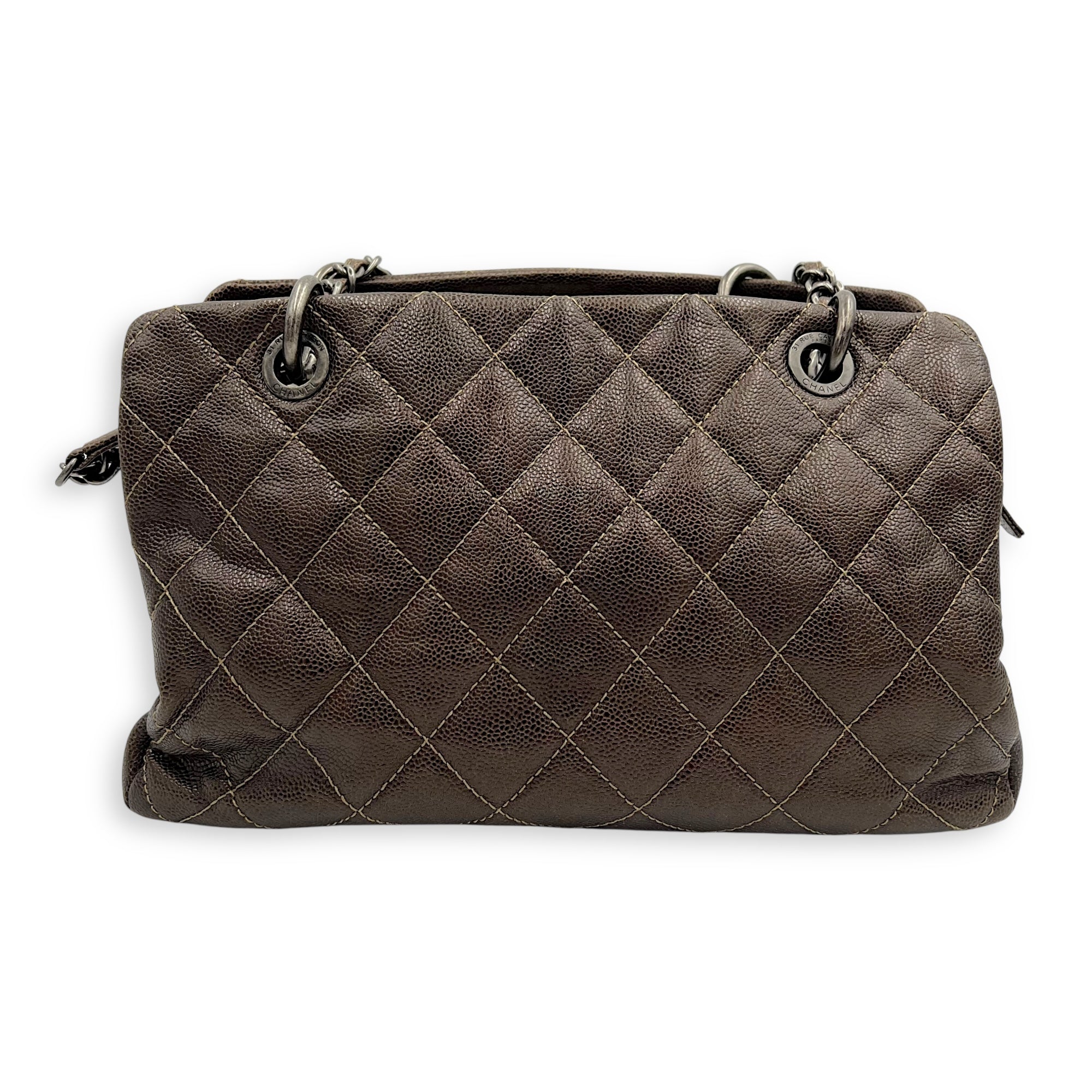 Chanel Quilted Wildstitch Tote Bag Brown in Caviar Leather, Silver hardware_2
