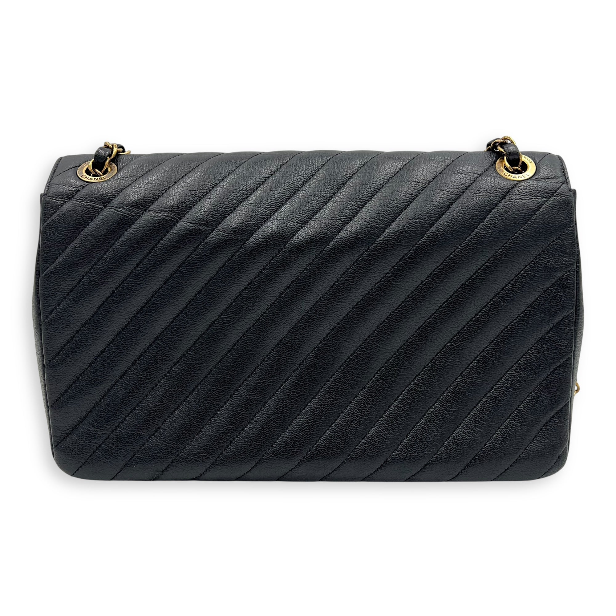 Chanel Diagonal Quilted Shoulder Bag Black in Goat Leather, Gold hardware_2