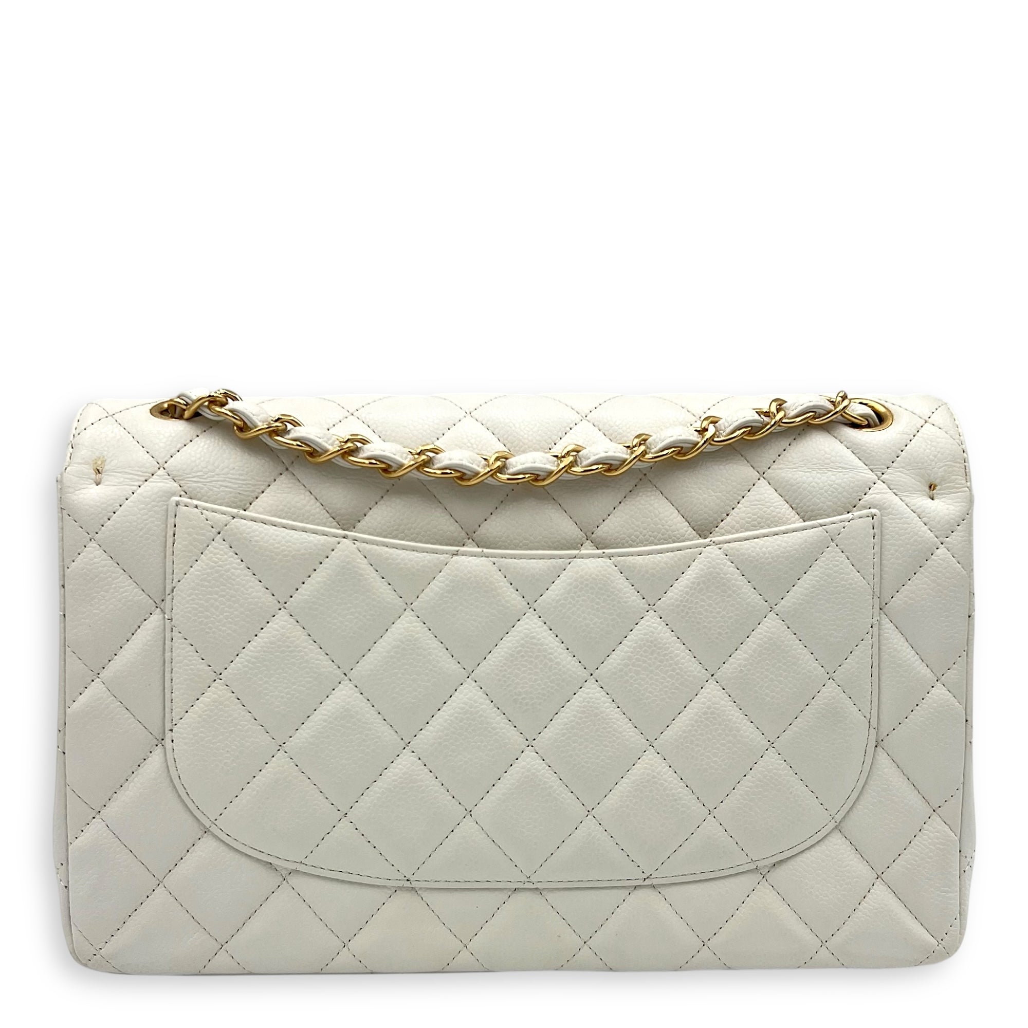 Chanel Classic Shoulder Bag Jumbo White in Caviar Leather, Gold hardware_16