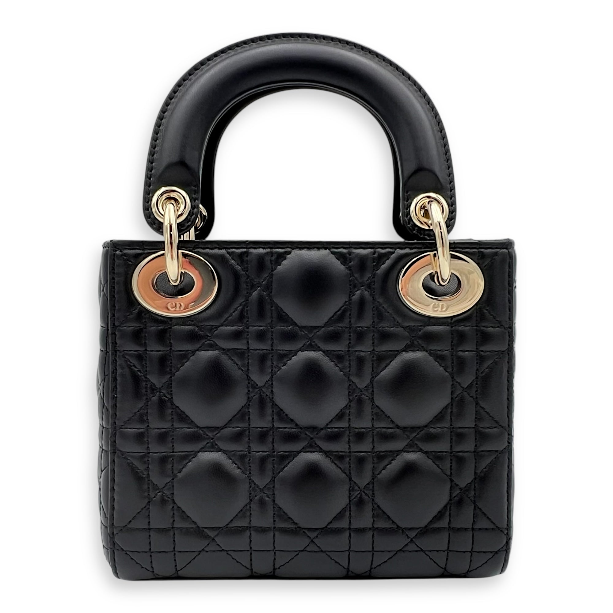 Dior Lady Dior Top Handle Bag Mini Black in Calfskin, Gold hardware_9