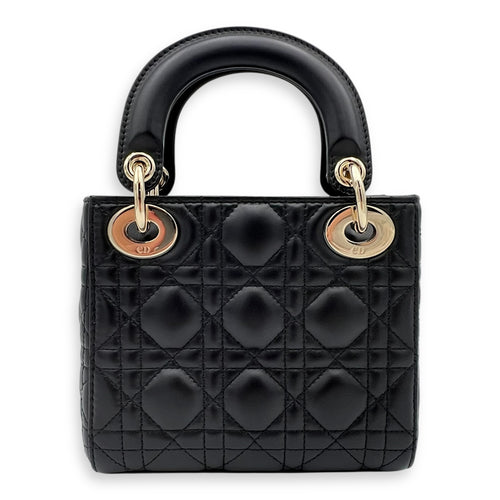 Dior Lady Dior Top Handle Bag Mini Black in Calfskin, Gold hardware_9