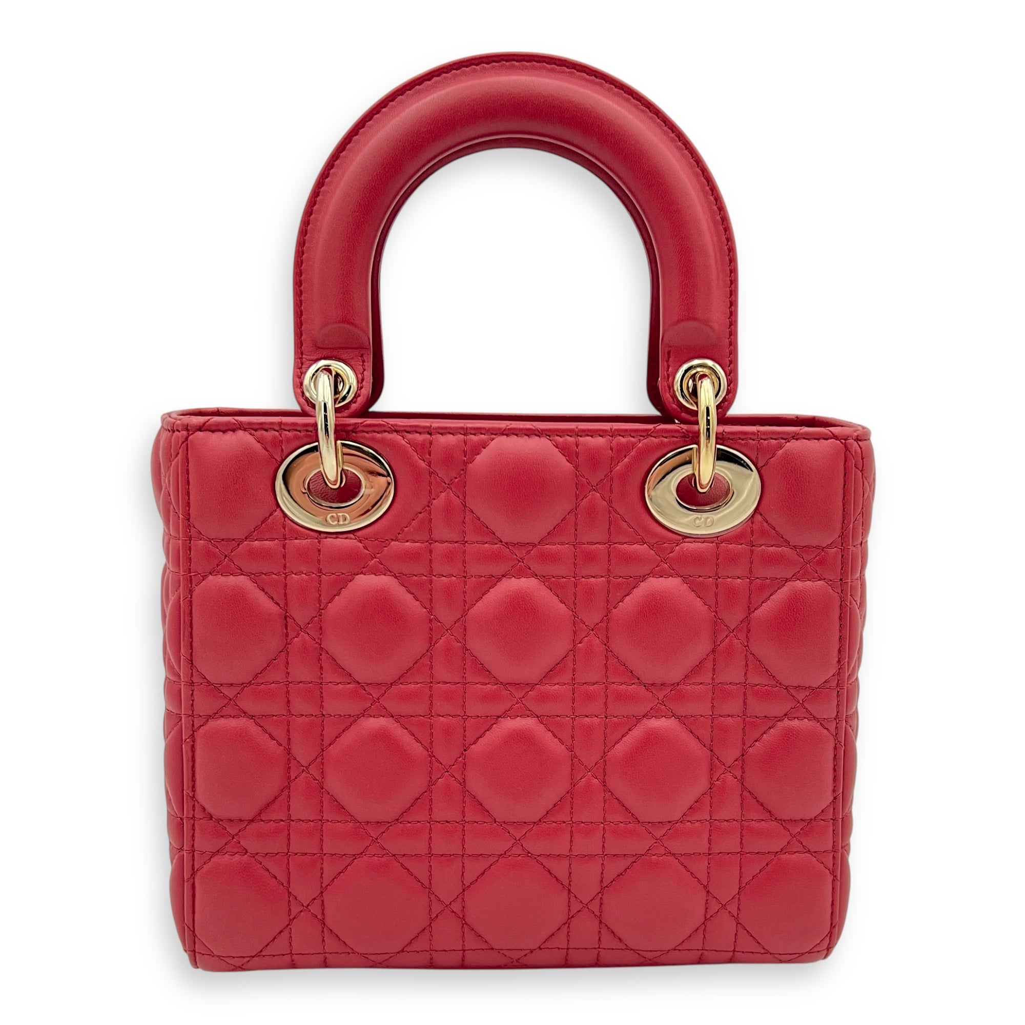 Dior Lady Dior Small Red Top Handle Bag in Lambskin, Gold hardware_11