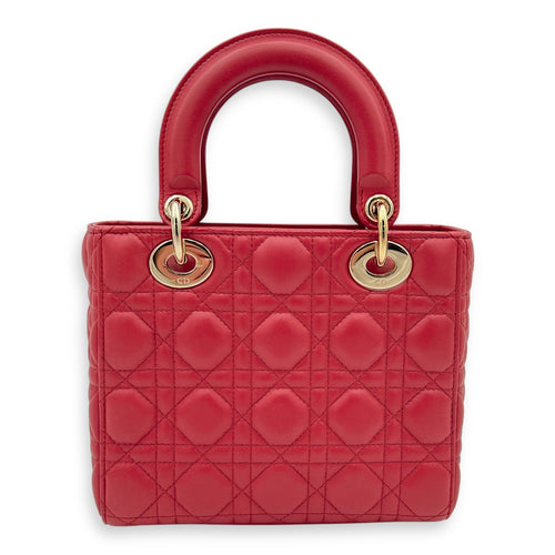 Dior Lady Dior Small Red Top Handle Bag in Lambskin, Gold hardware_11