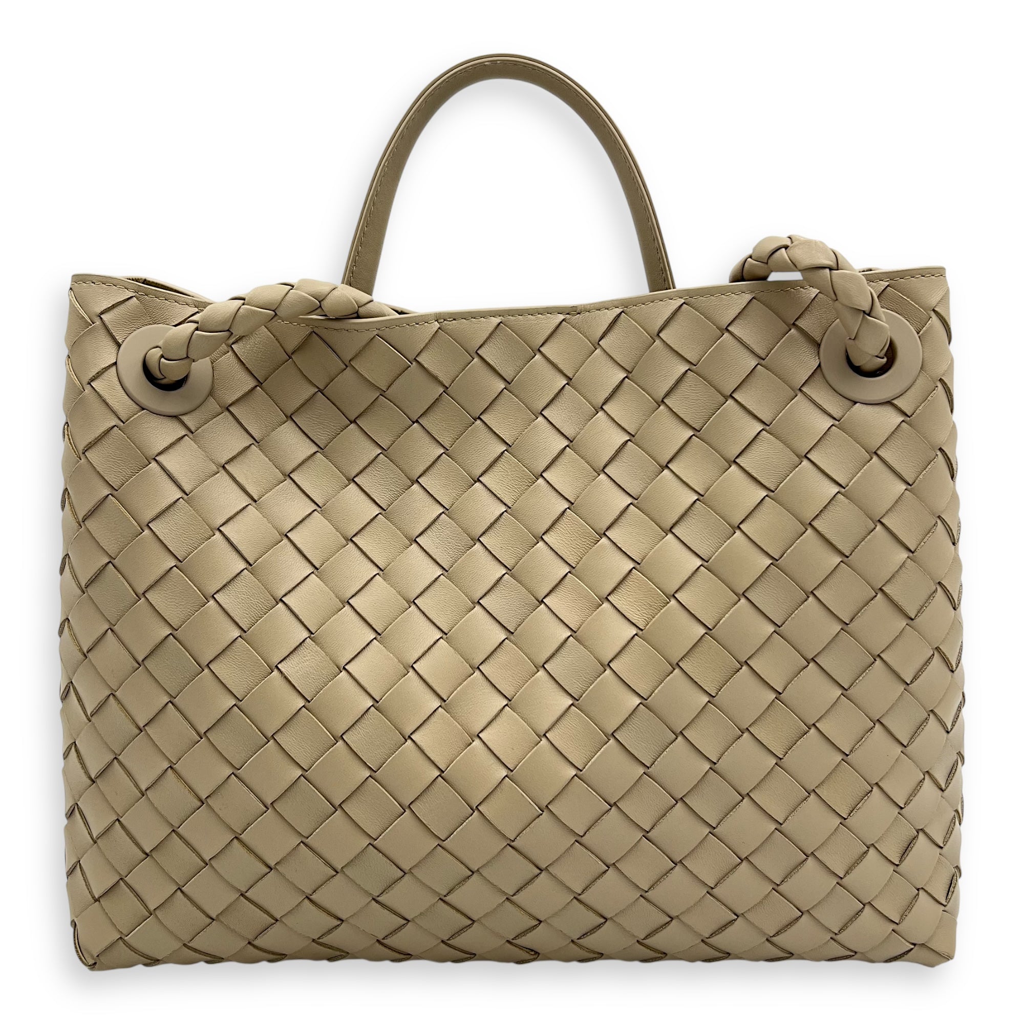 Bottega Veneta Andiamo Medium Beige Top Handle Bag in Calfskin, Gold hardware_2