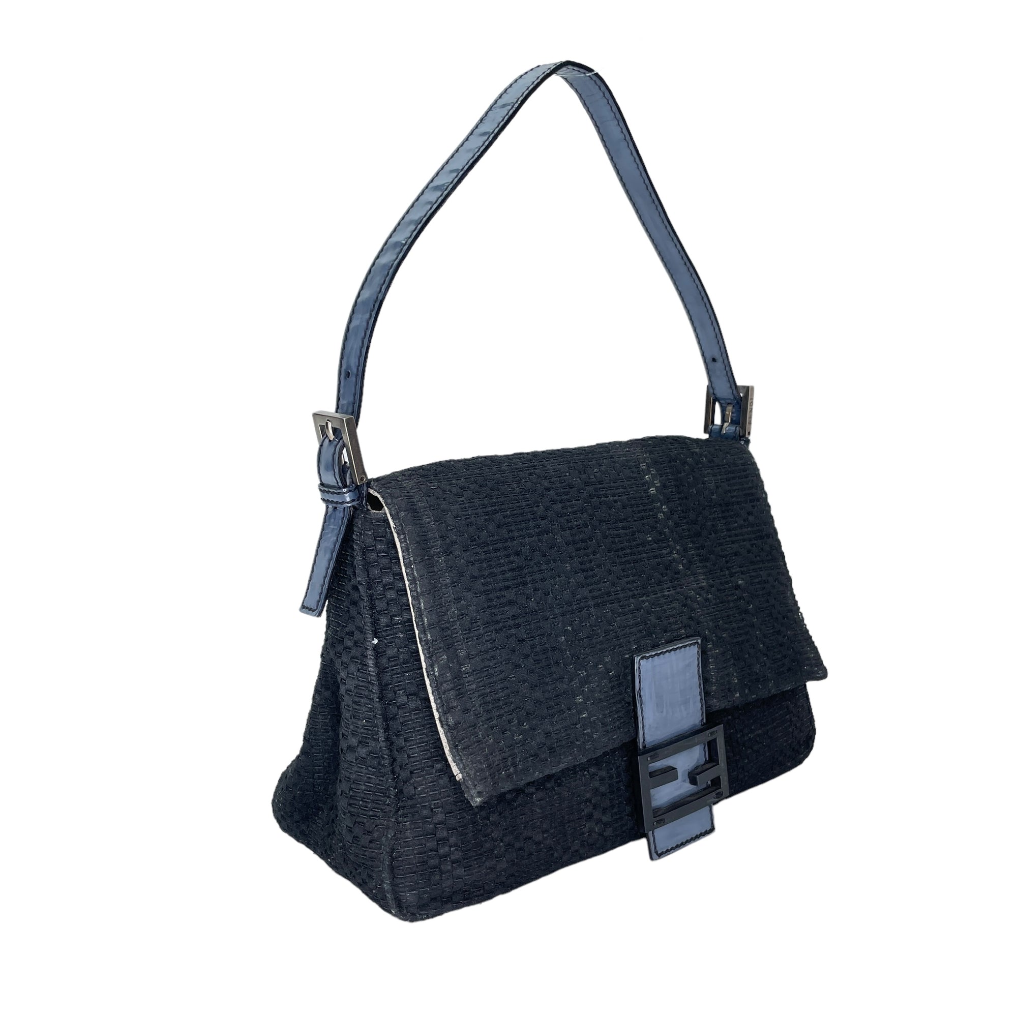 Mamma Baguette Black Shoulder Bag in Canvas, Silver hardware