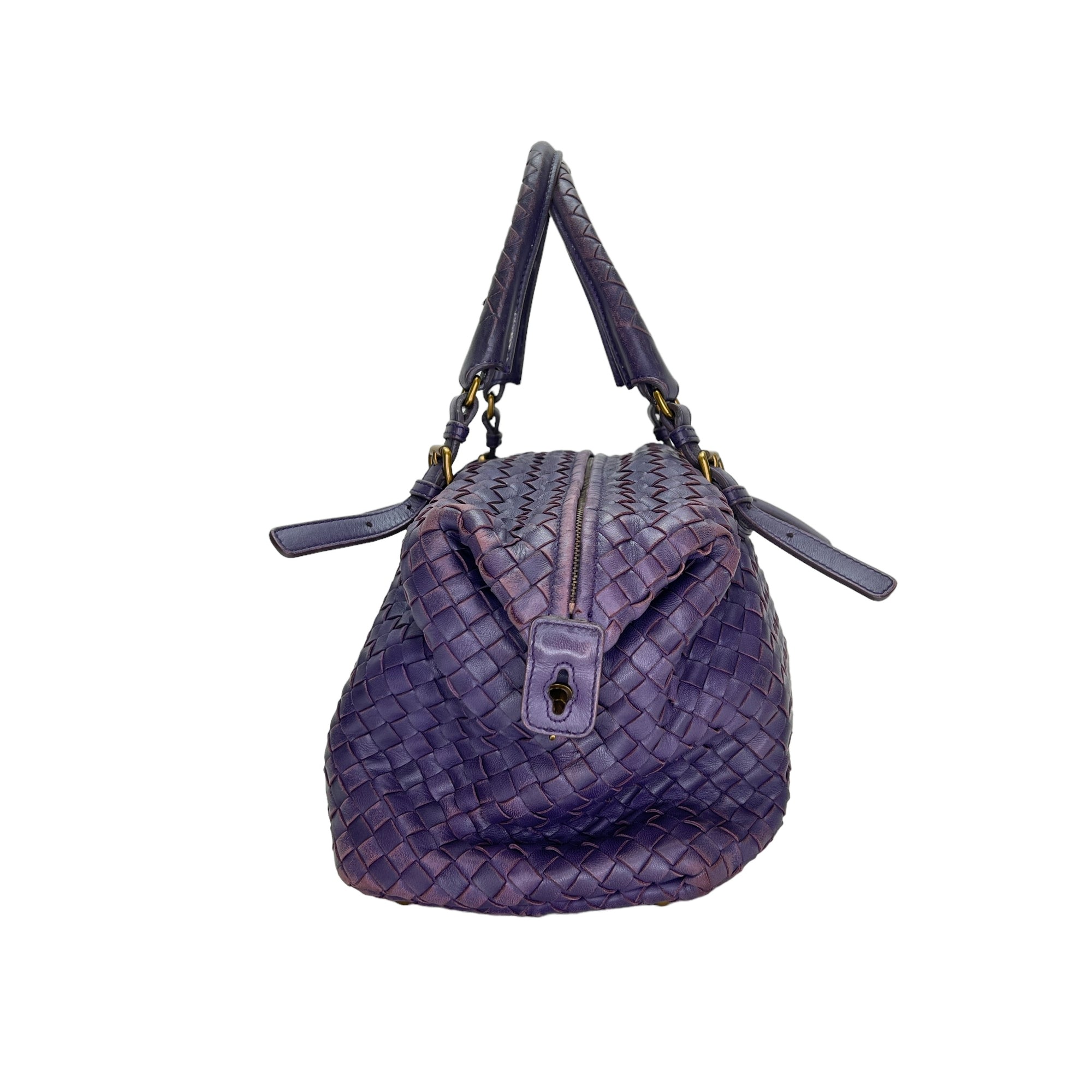 Boston Purple Top Handle Bag in Intrecciato Leather, Brushed Gold hardware