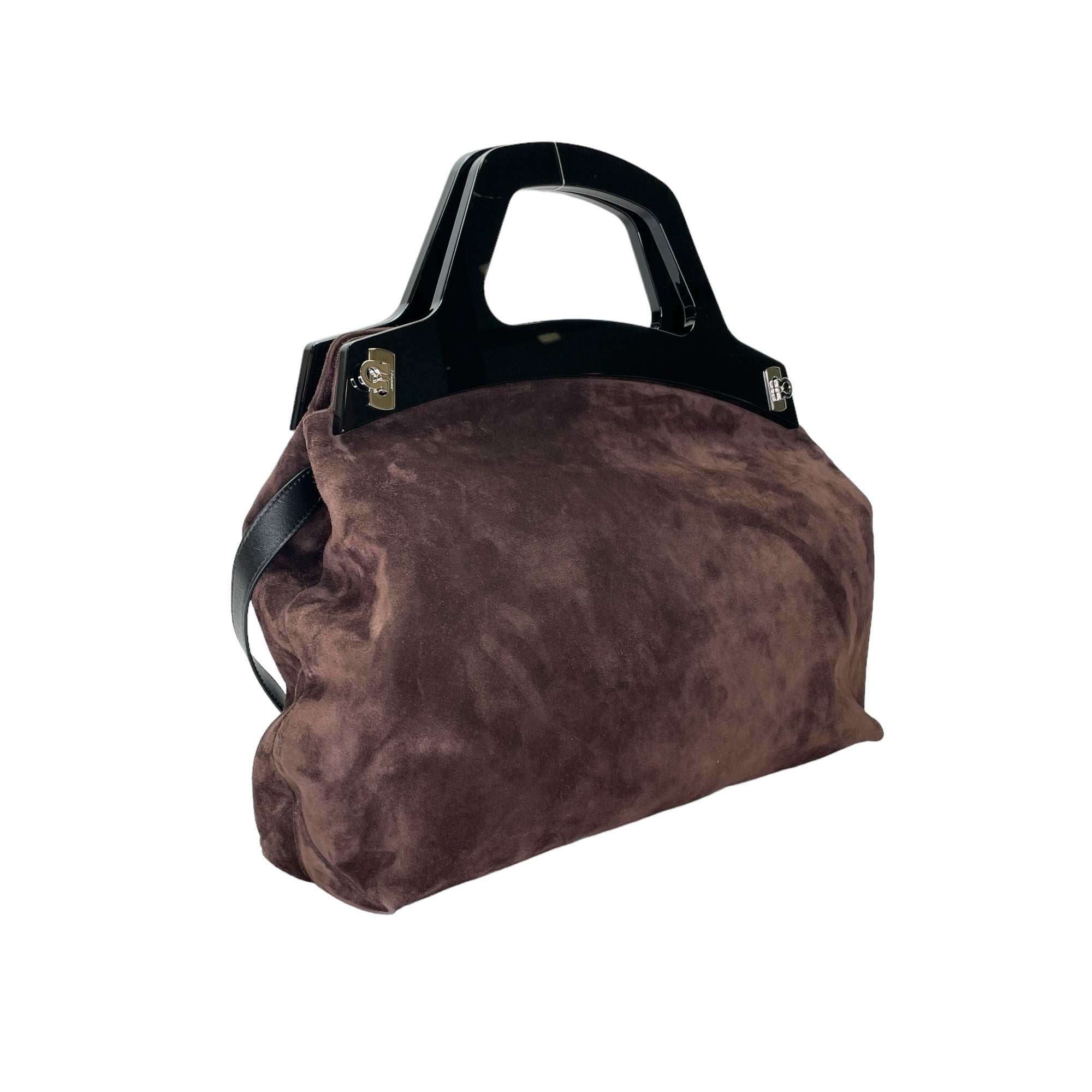 Gancini Two-Way Brown Top Handle Bag in Suede Leather, Silver hardware