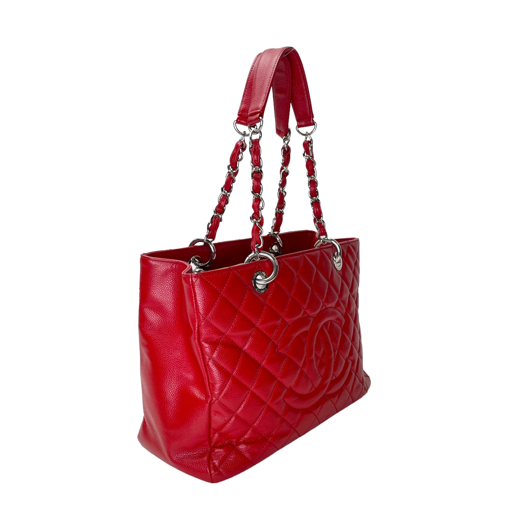 GST Red Tote Bag in Caviar Leather, Sliver hardware