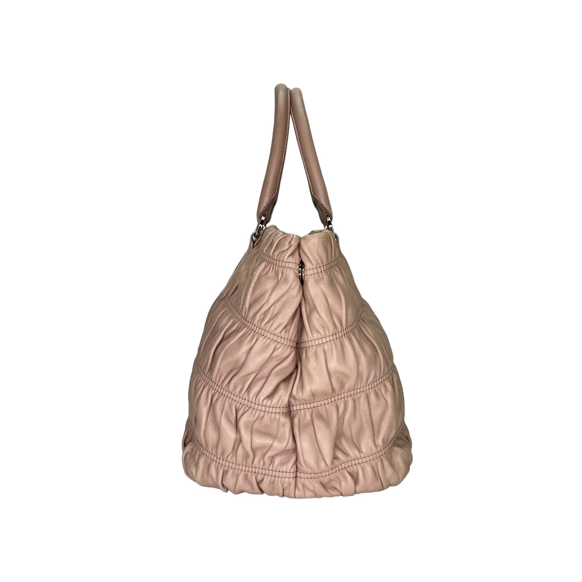 Gaufre Beige Top Handle Bag in Lambskin, Silver hardware