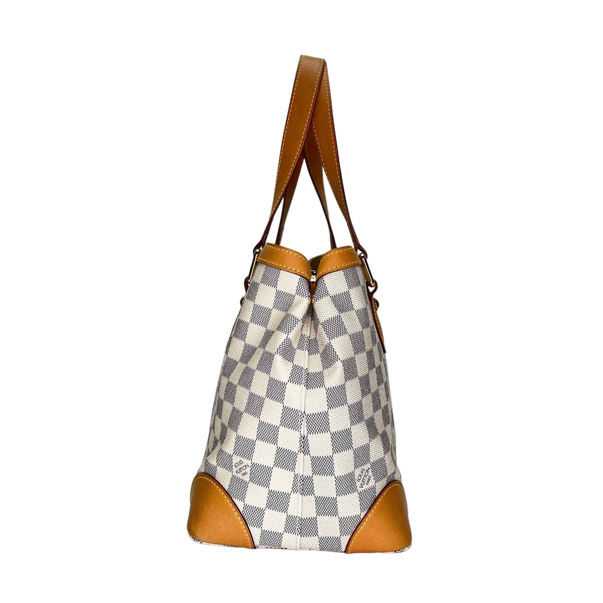 Hampstead PM Damier Azur Top Handle Bag in Coated Canvas, Gold hardware