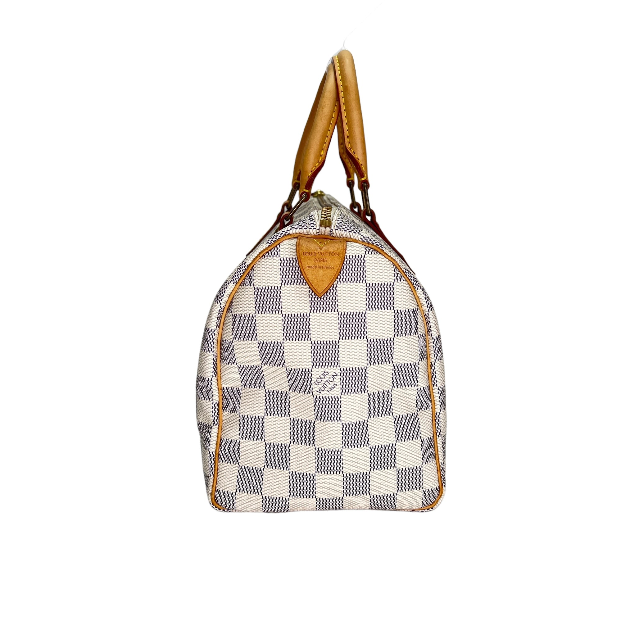 Speedy 25 Damier Azur Top Handle Bag in Coated Canvas, Gold hardware