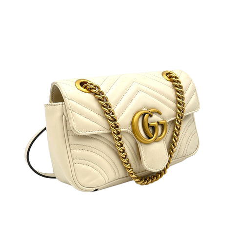 GG Marmont Mini White Shoulder Bag in Calfskin, Brushed Gold hardware