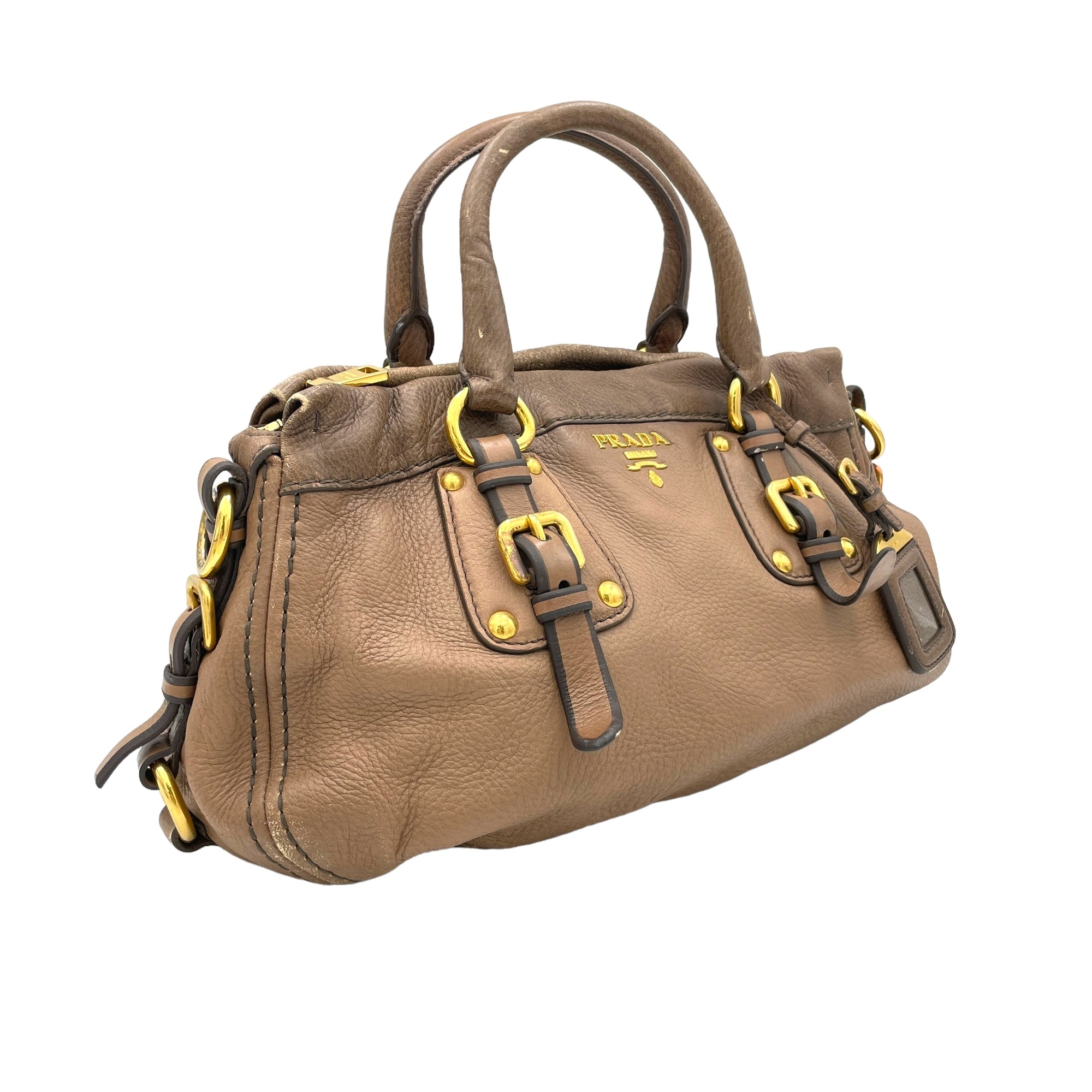 Logo Two way Brown Top Handle Bag in Deerskin, Gold hardware