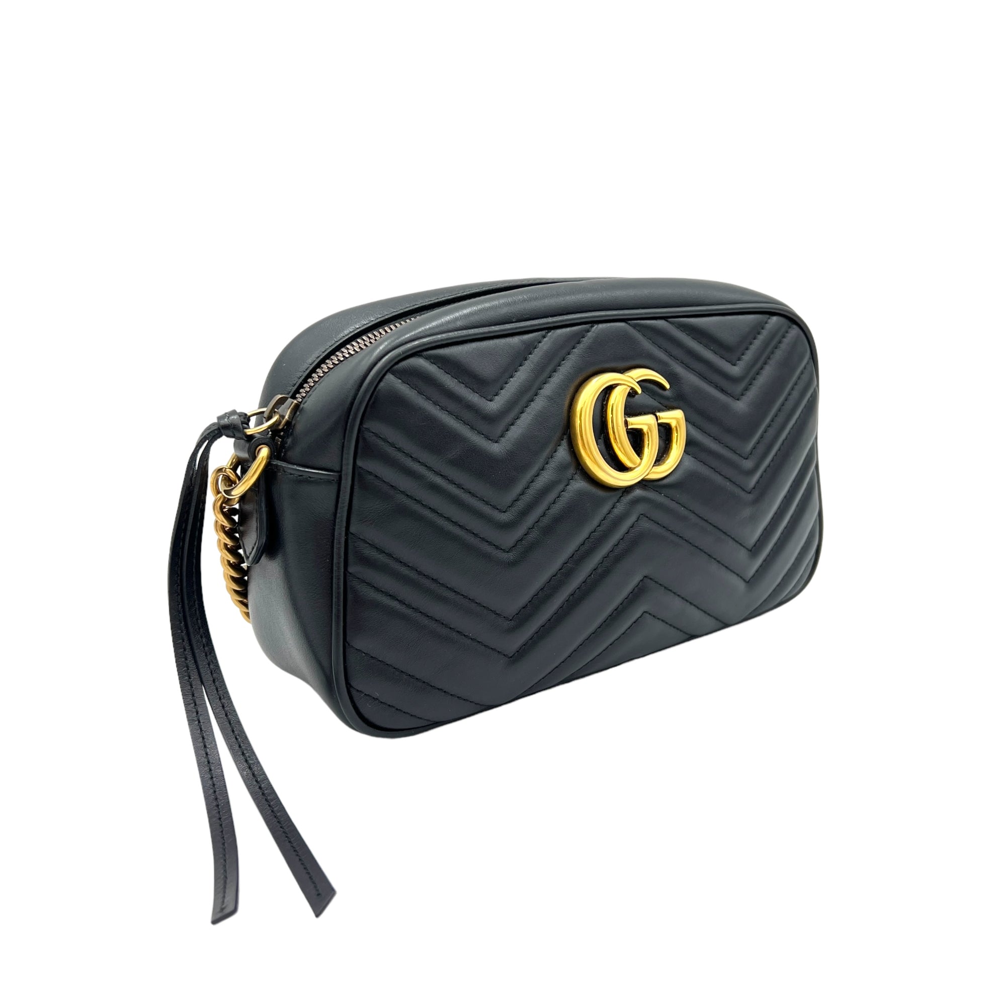 GG Marmont Small Black Crossbody Bag in Calfskin, Gold hardware