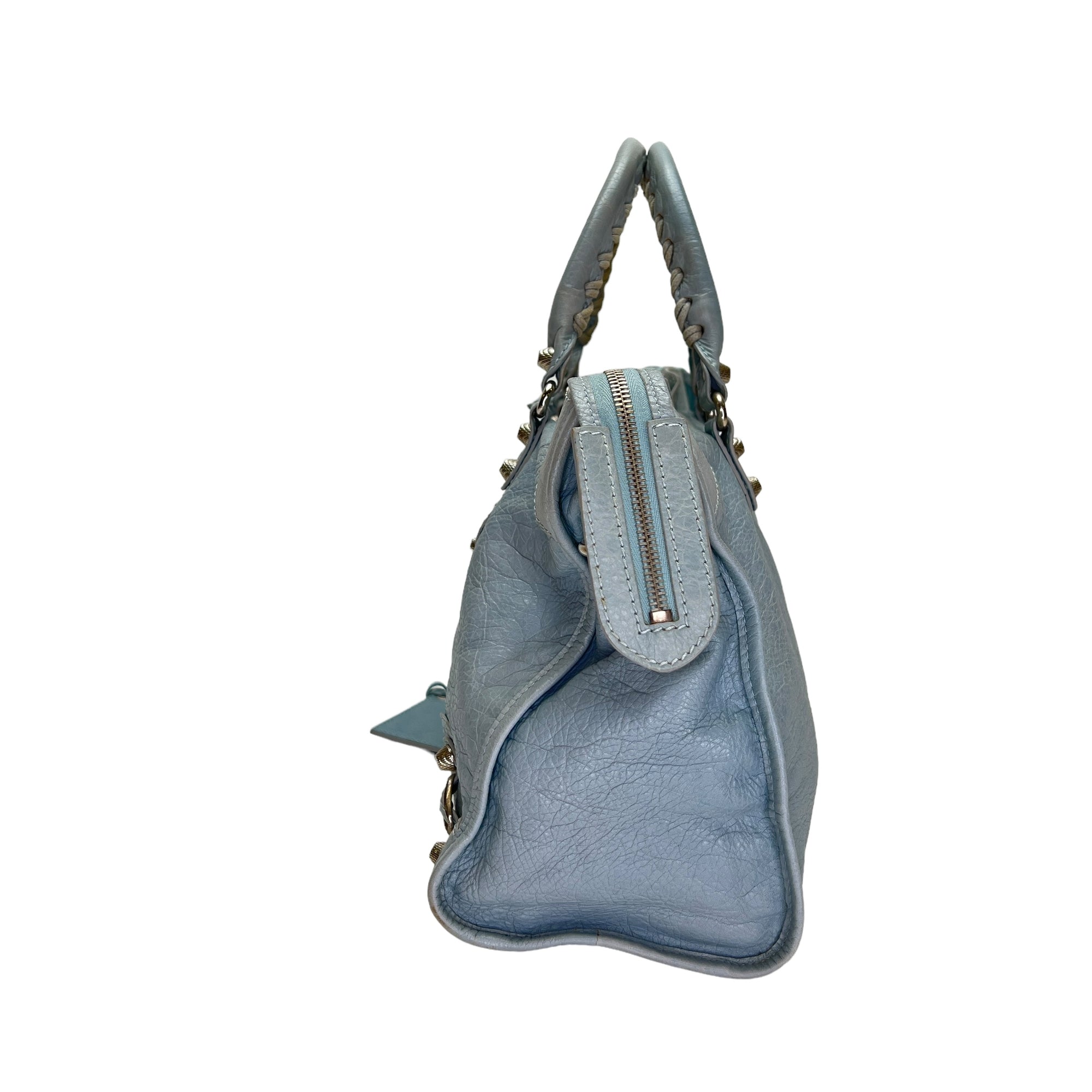 City Medium Blue Shoulder Bag in Distressed Leather, Silver hardware