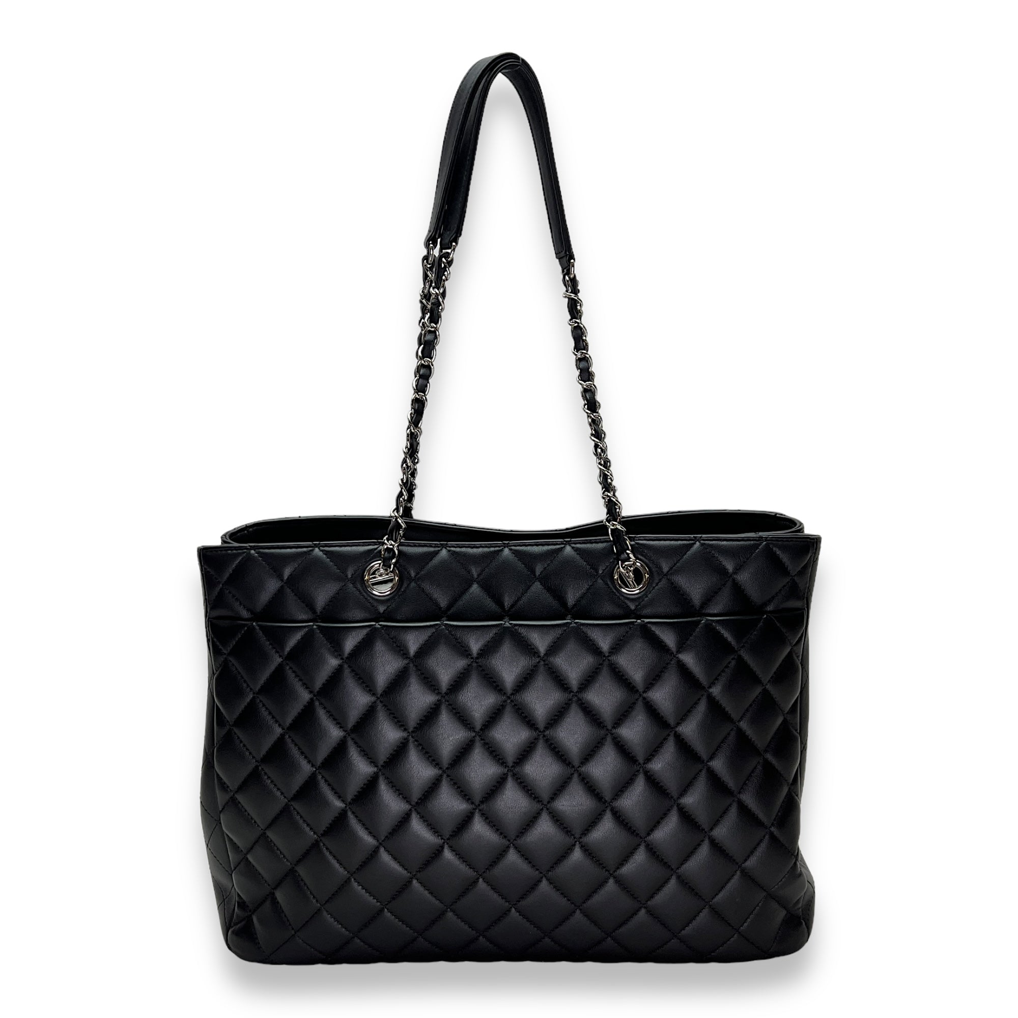 Quilted Black Tote Bag in Calfskin, Silver hardware