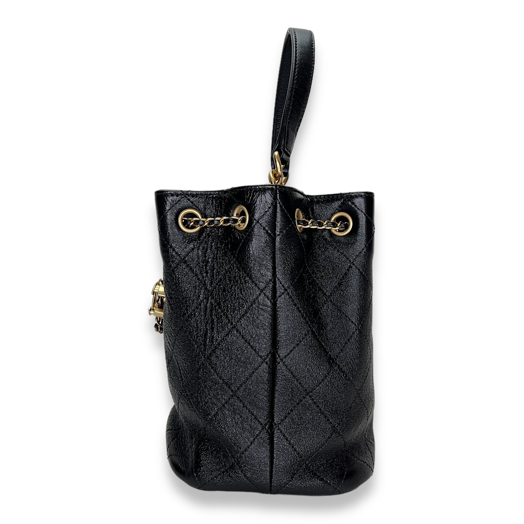 Quilted Drawstring Black Bucket Bag in Calfskin, Gold hardware