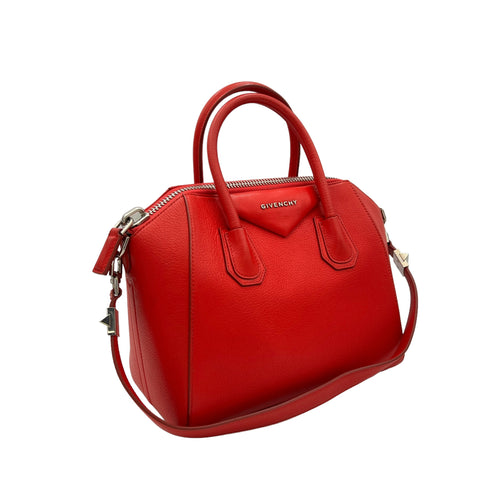 Antigona Small Red Top Handle Bag in Goat Leather, Silver hardware