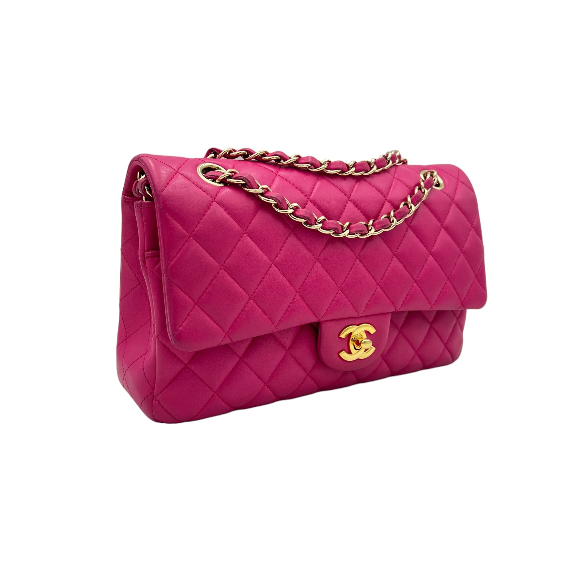 Classic Shoulder Bag Medium Fuschia Hot Pink in Lambskin , Gold Hardware