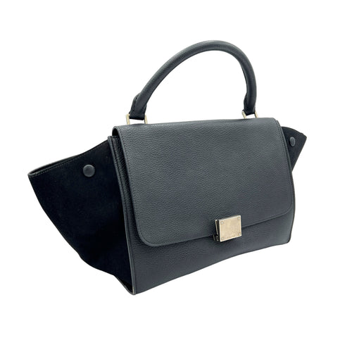 Trapeze Small Black Top Handle Bag in Calfskin, Silver hardware