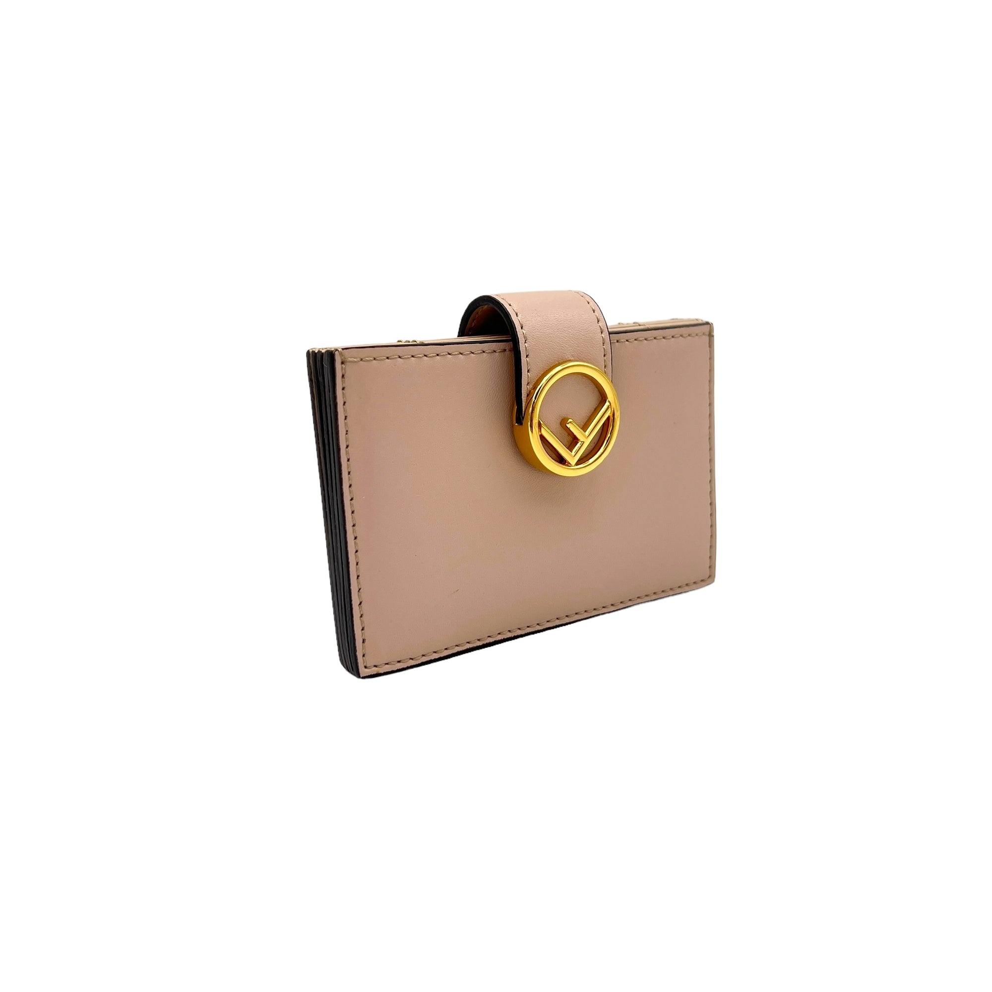 F Circle Pink Card Holder in Calfskin, Gold hardware