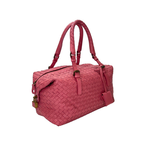 Boston Pink Top Handle Bag in Intrecciato Leather, Brushed Gold hardware