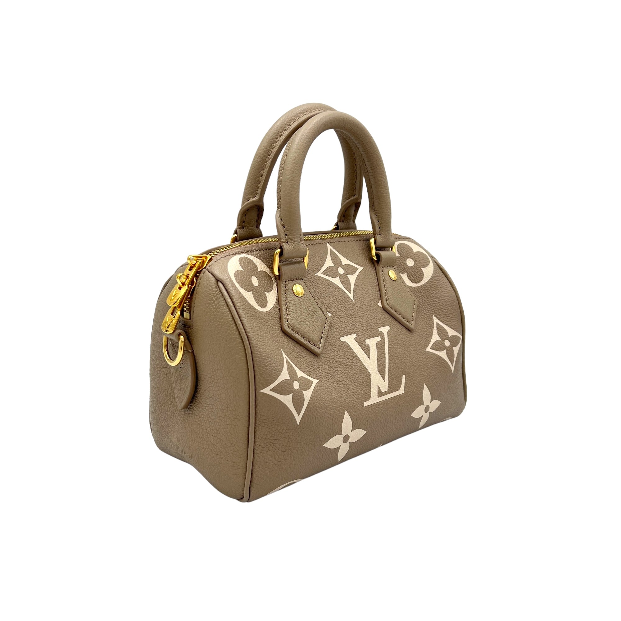 Speedy Bandouliere 20 Grey Top Handle Bag in Monogram Empreinte Leather, Gold hardware