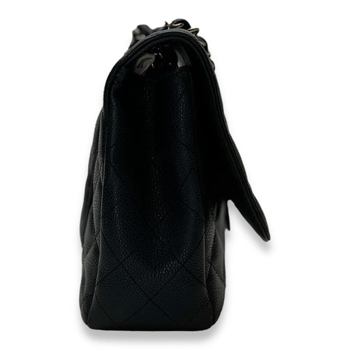 Classic Shoulder Bag Jumbo Single Flap Black in Caviar Leather , Silver Hardware