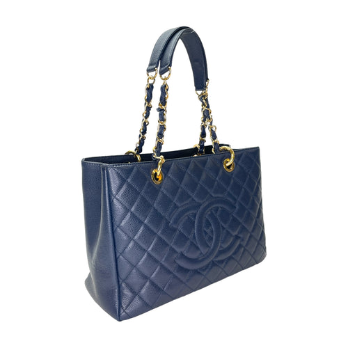 GST Grand Shopping Tote Medium Blue Tote Bag in Caviar Leather, Gold hardware