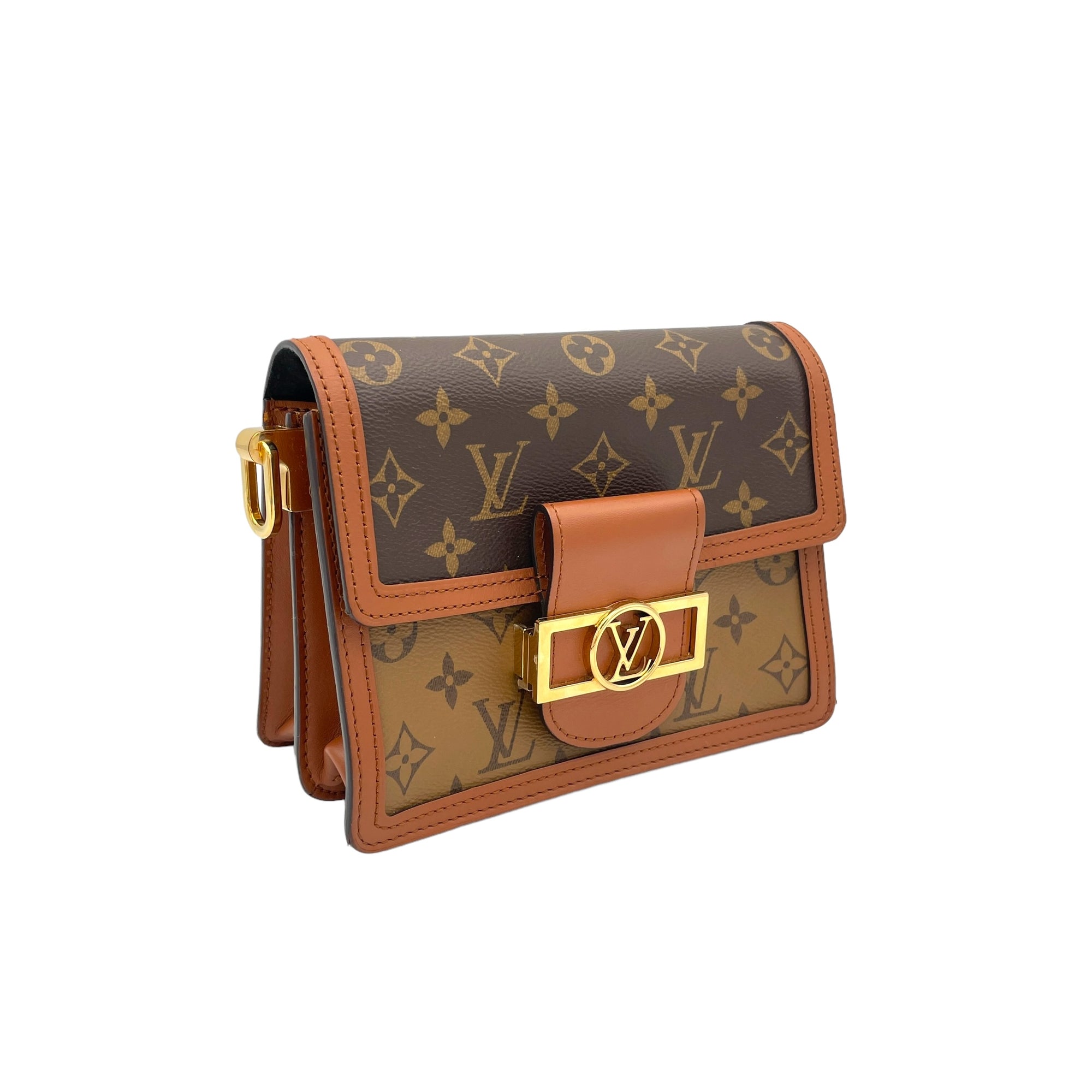 Dauphine Shoulder Bag Mini Brown in Monogram Coated Canvas , Gold Hardware