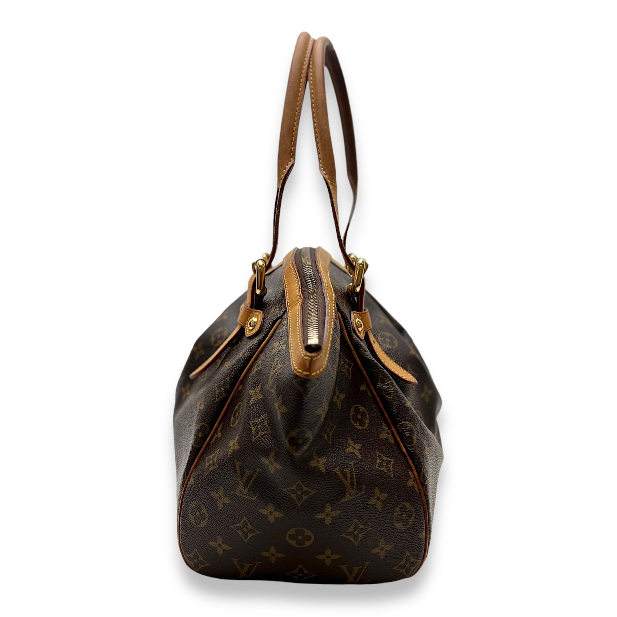 Tivoli GM Brown Top Handle Bag in Monogram Coated Canvas, Gold hardware