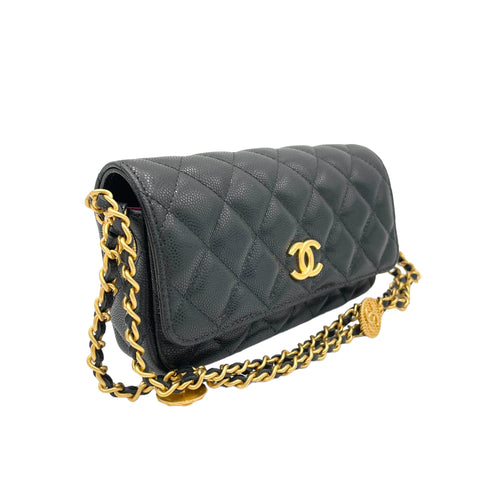 Twist Your Buttons Black Wallet On Chain in Caviar Leather, Gold hardware