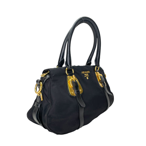 Two-Way Black Top Handle Bag in Nylon, Gold hardware