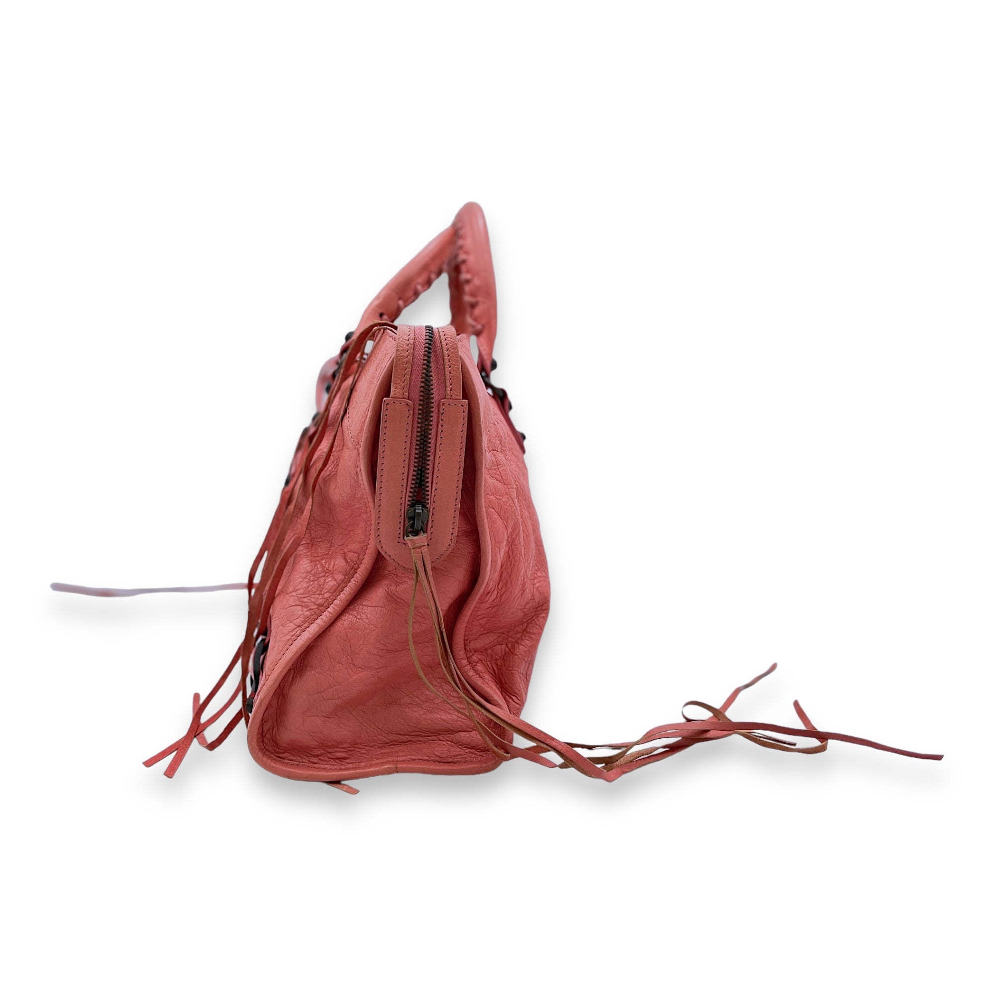 City Medium Pink Top Handle Bag in Distressed Leather, Gunmetal hardware