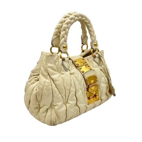 Matelassé White Top Handle Bag in Lambskin, Gold hardware