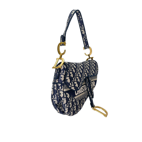 Saddle Medium Blue Top Handle Bag in Jacquard, Gold hardware