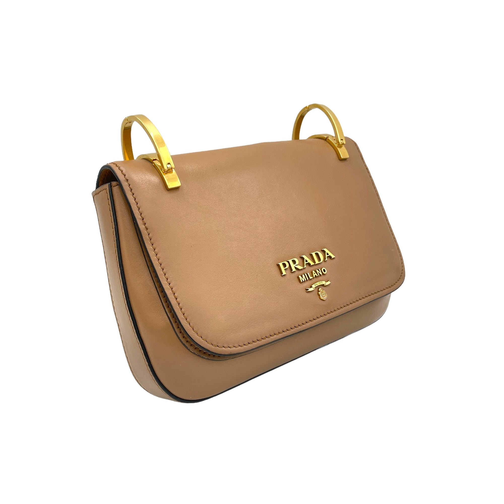 Logo Brown Shoulder Bag in Calfskin, Gold hardware