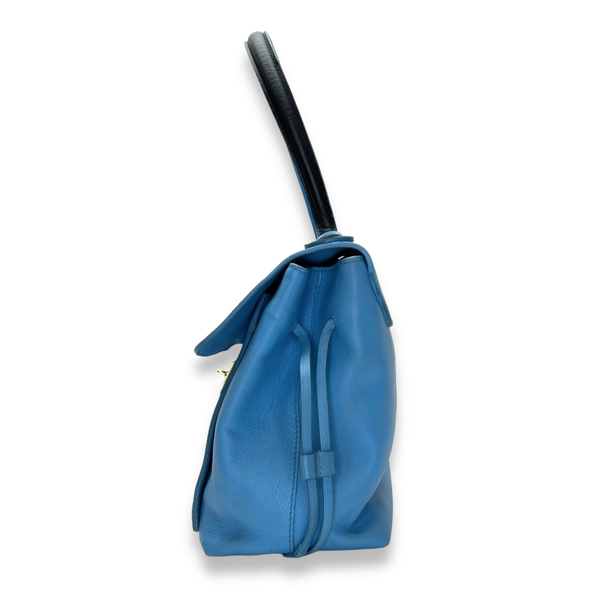 LockMe MM Blue Top Handle Bag in Calfskin, Gold hardware