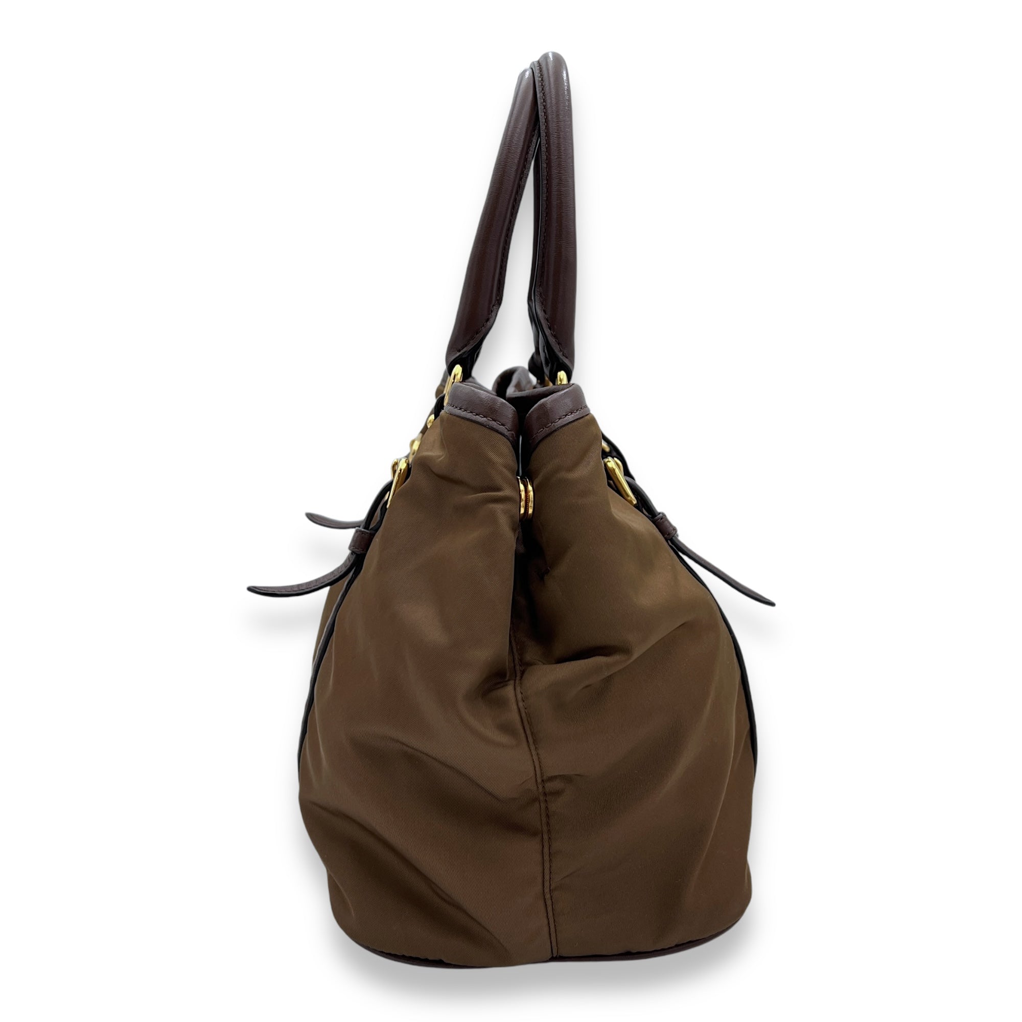 Tessuto Brown Top Handle Bag in Nylon, Gold hardware