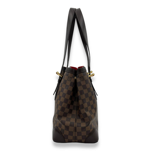 Hampstead MM Brown Top Handle Bag in Damier Ebene, Gold hardware