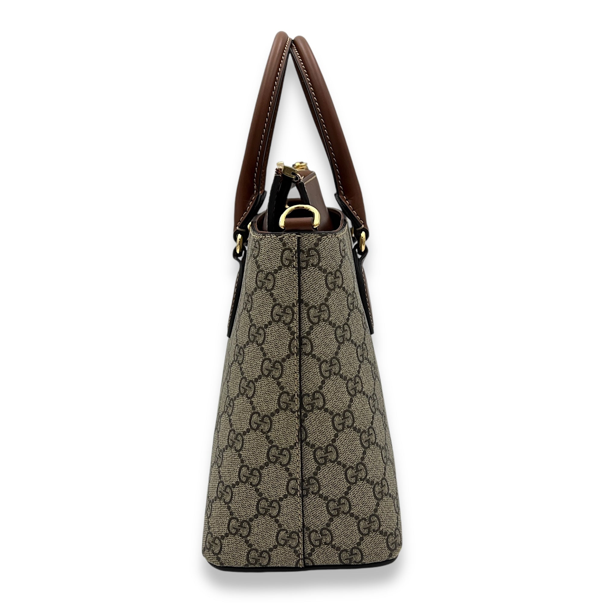 GG Supreme Top Handle Bag Brown in Monogram Coated Canvas, Gold hardware