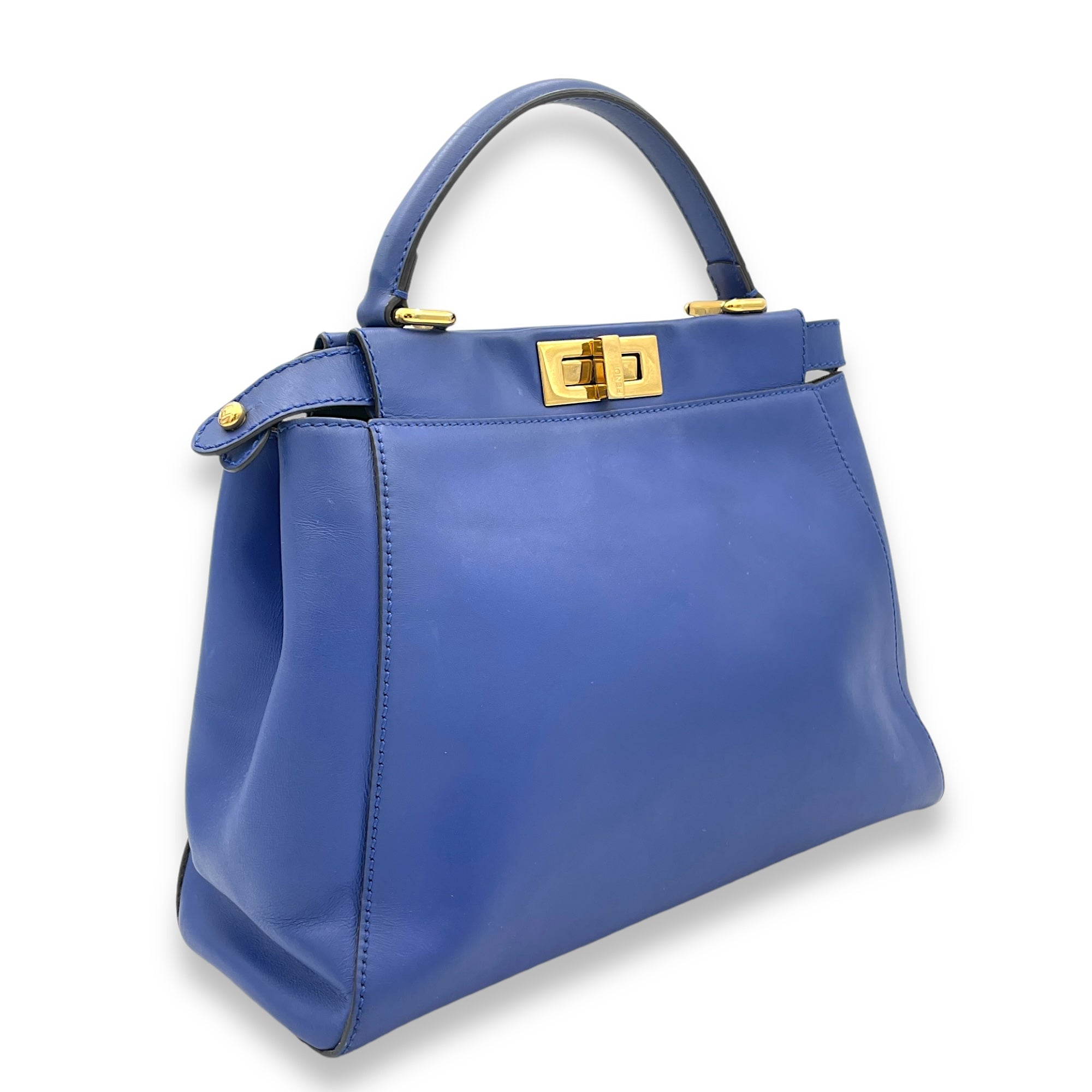 Peekaboo Medium Blue Top Handle Bag in Calfskin, Gold hardware