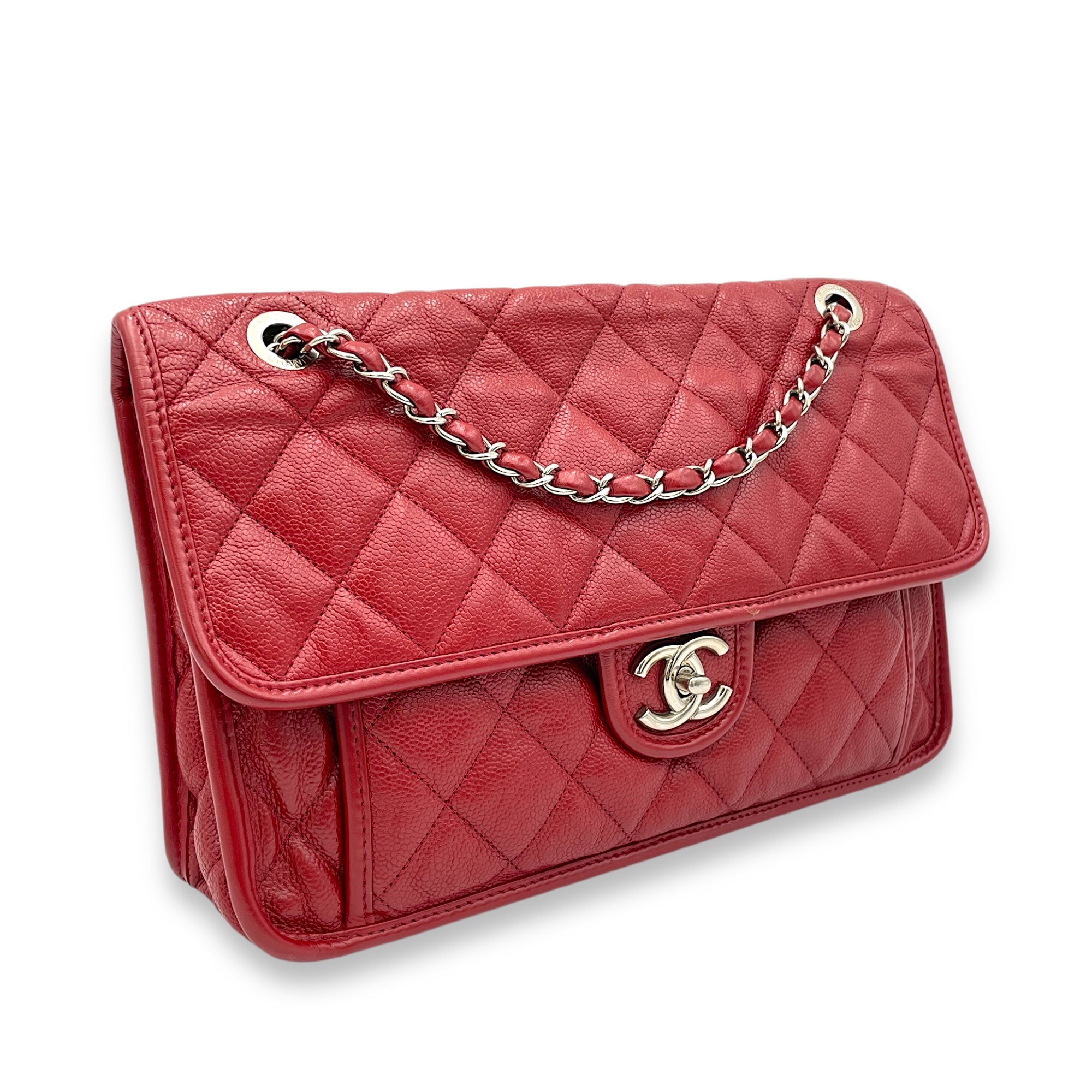 French Riviera Red Shoulder Bag in Caviar Leather, Silver hardware