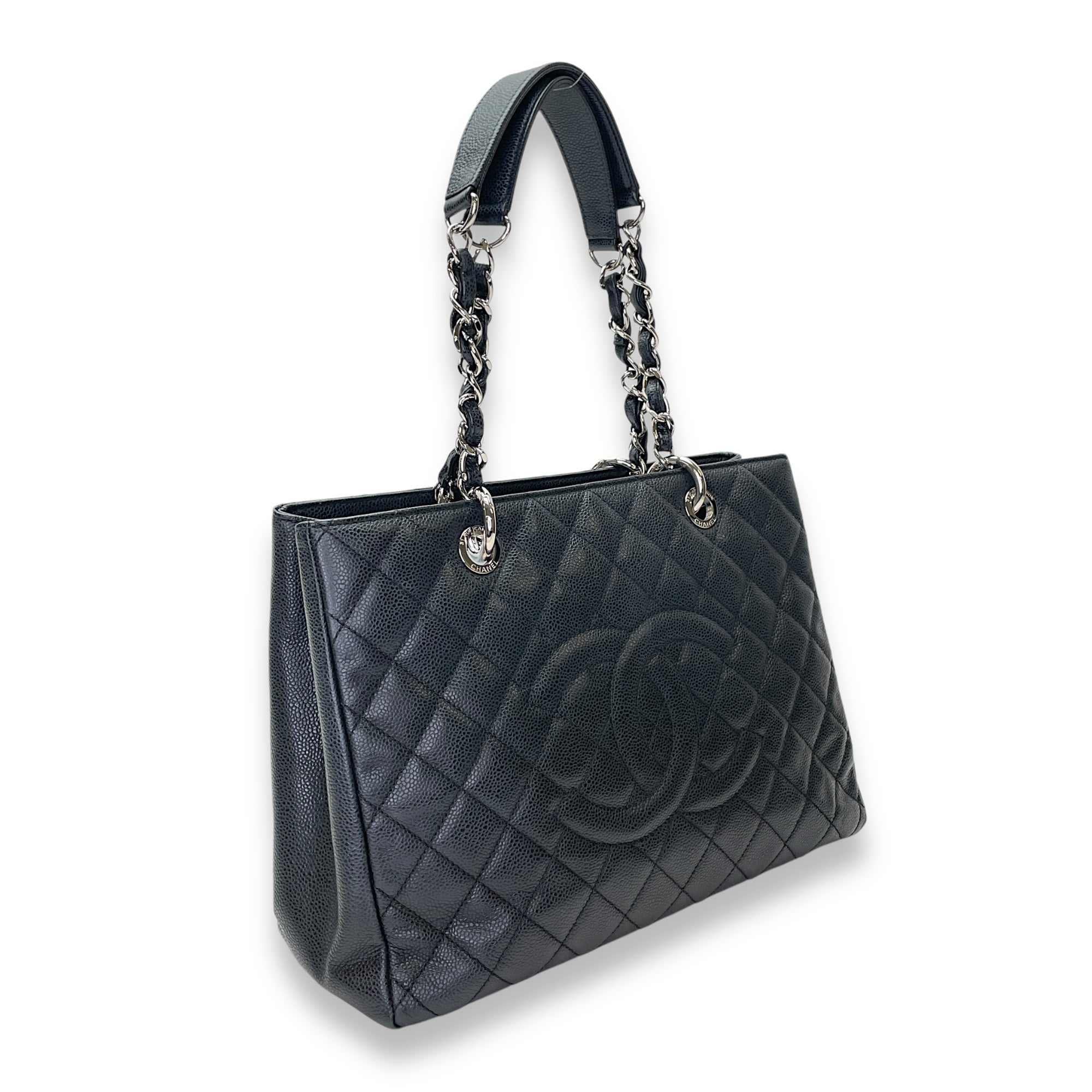 GST Grand Shopping Tote Black Tote Bag in Caviar Leather, Silver hardware