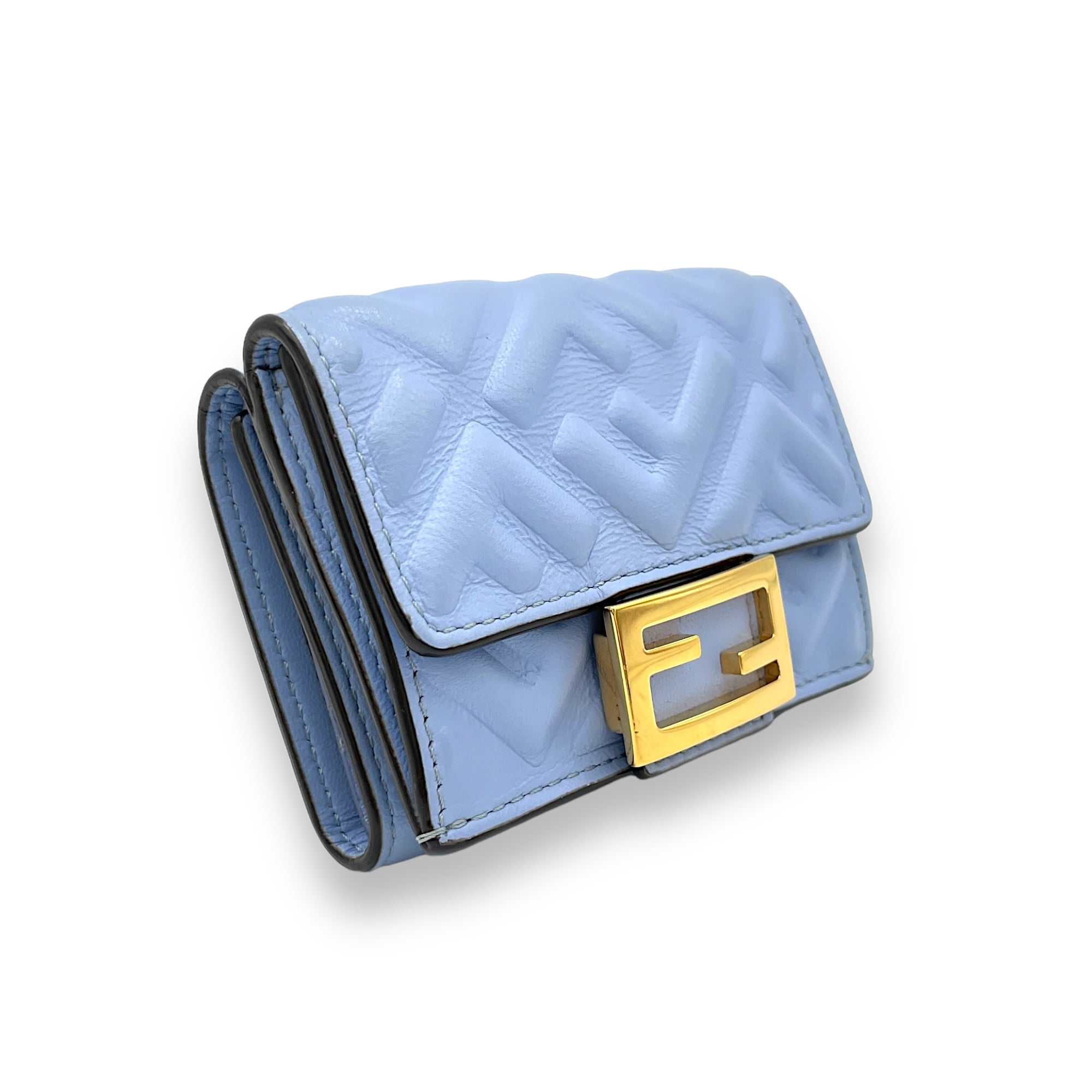 Baguette Trifold Micro Blue Wallet in Calfskin, Gold hardware